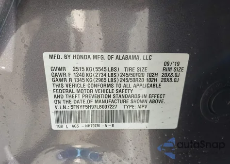 2020 Honda Pilot 2Wd Touring 8 Passenger z USA, uszkodzony, nr VIN 5FNYF5H97LB007227